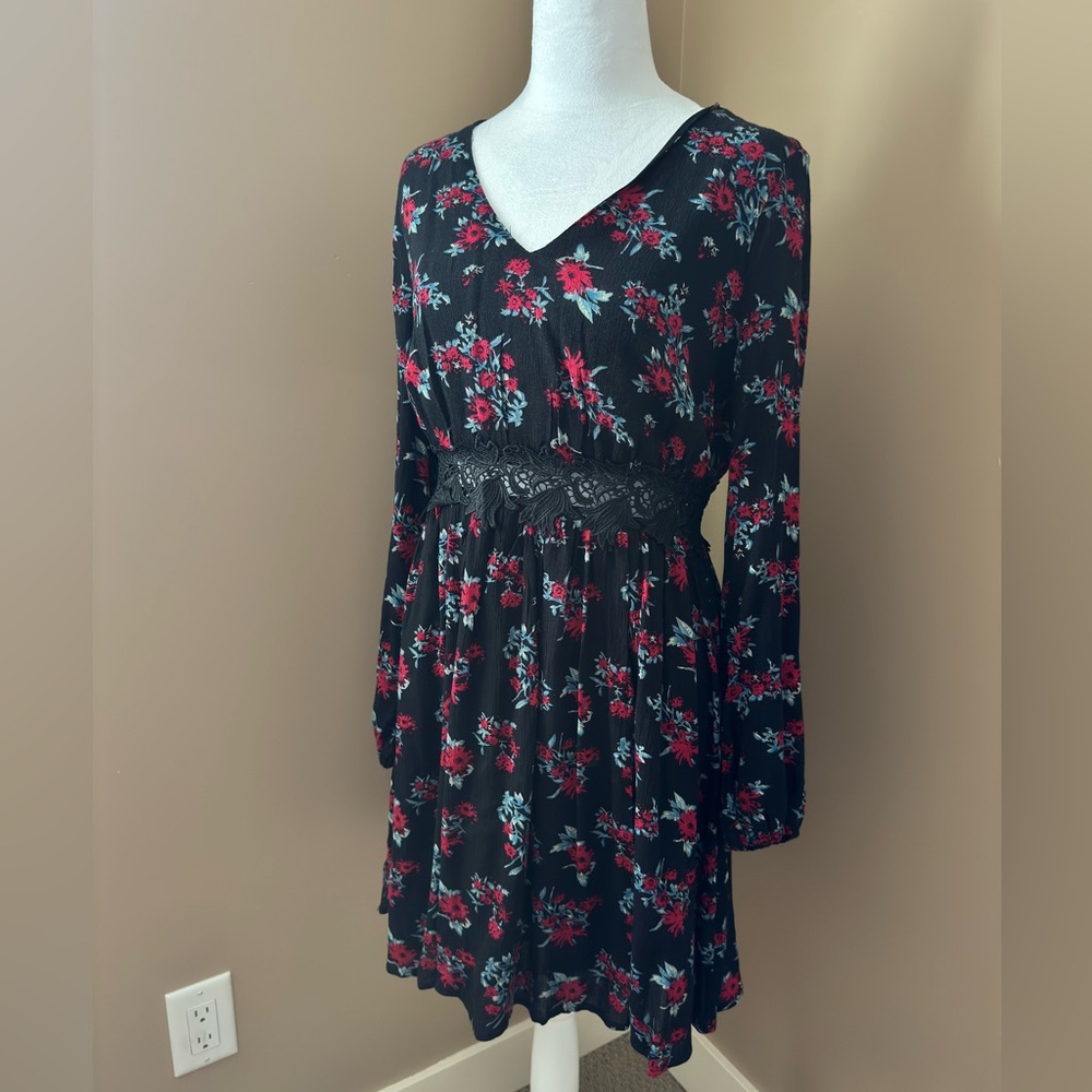 Francesca's Collections Black Dress with Red & Teal Floral Print